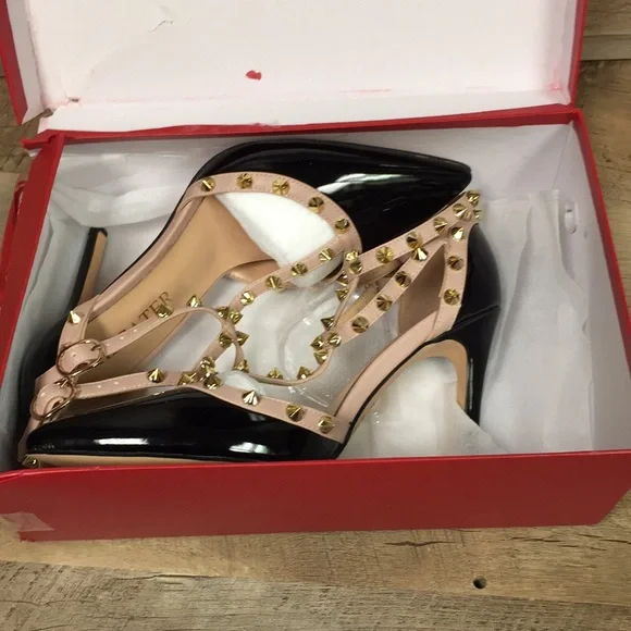 Hecater Ankle Strap Studded Patent Faux Leather Black and Cream Heels - Picture 3 of 9